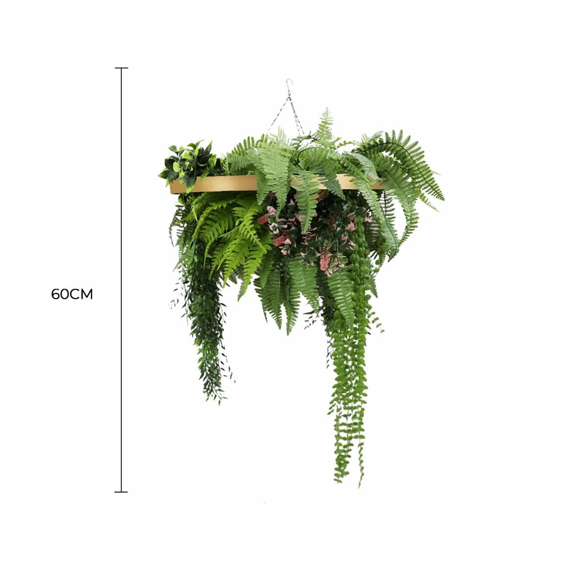 Gold Framed Roof Hanging Disc with Draping Life-Like Plants UV Resistant 60cm