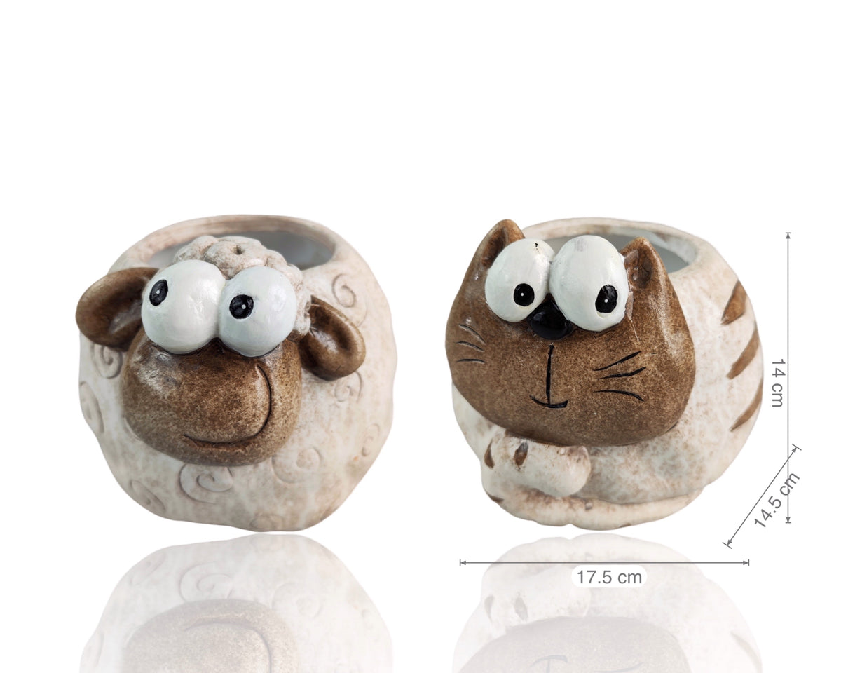 Set 2 Ceramic Sheep &amp; Cat Planter 15cm