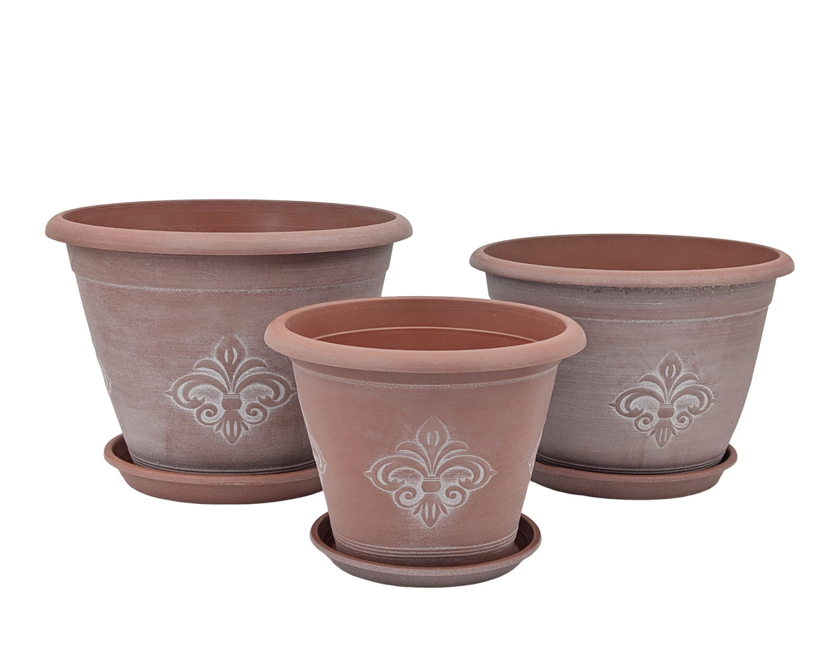 bulk 12 Patterned Plastic Garden Pot &amp; Saucer Medium Size 31x22cm