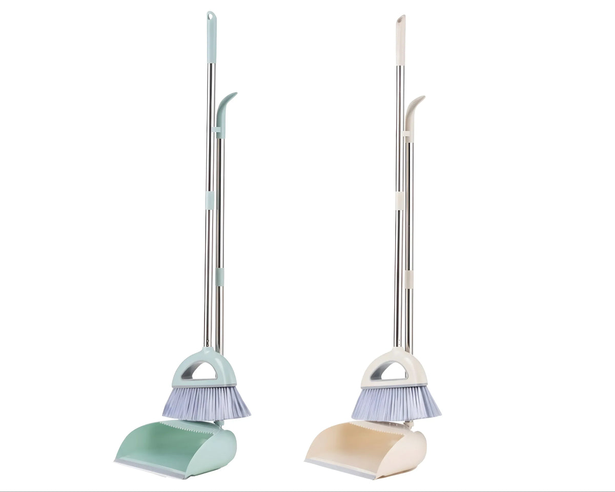 Bulk 12 Plastic &amp; Stainless Steel Dustpan &amp; Broom Set 24x88cm 2 Asst