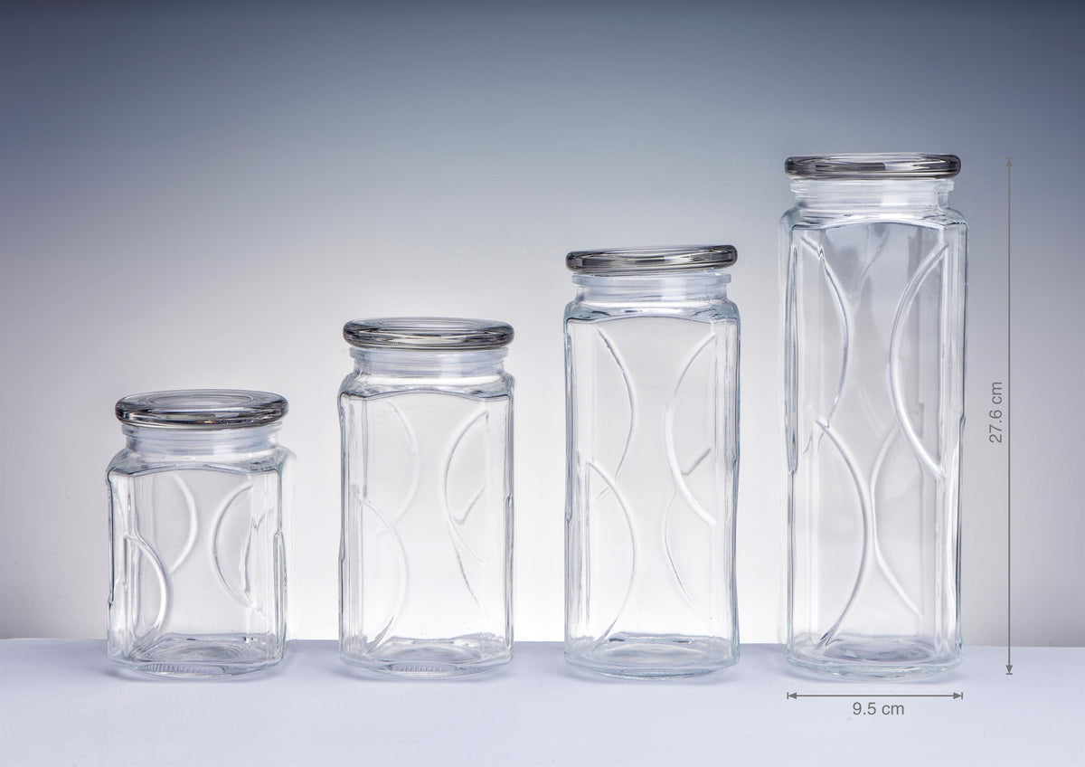 bulk 12 Swirl Embossed Squ Glass Jar w Glass Lid 27cm