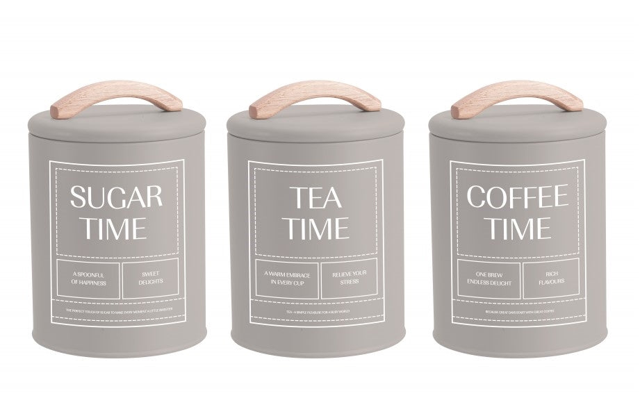 Set 3 Almond Cream Metal Coffee Tea Sugar Storage Tins 11x15cm
