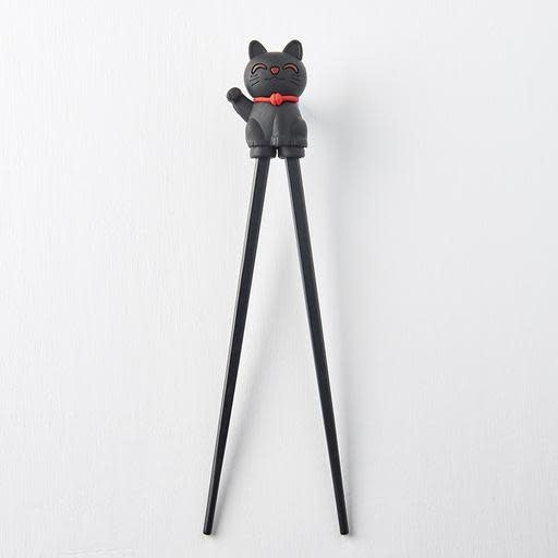 Maneki Trainer Chopsticks Lucky Cat in Black