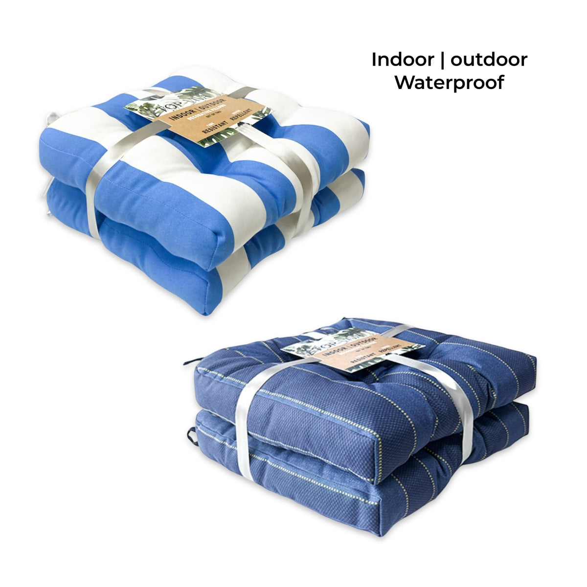 Set 2 Blue Stripe Cushion Indoor Outdoor Chair Pad 40cm
