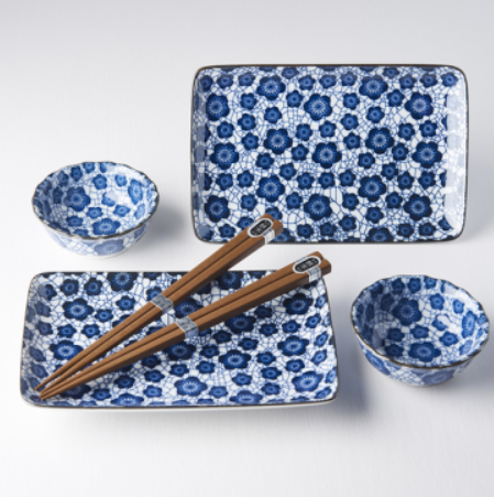 Sushi Set for Two with Chopsticks Black Blue Plum Design