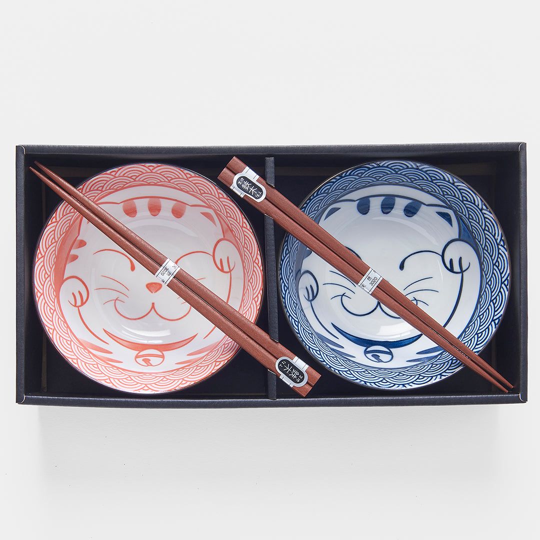 Bowl Set 2pcs with Chopsticks Red & Blue Cat Maneki Wave Design