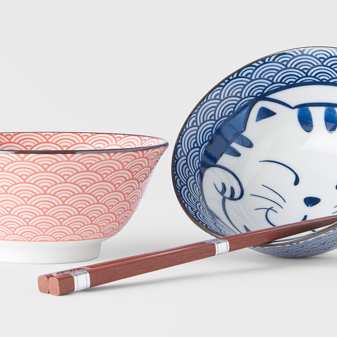 Bowl Set 2pcs with Chopsticks Red & Blue Cat Maneki Wave Design