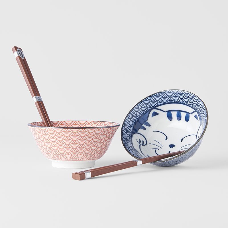 Bowl Set 2pcs with Chopsticks Red & Blue Cat Maneki Wave Design