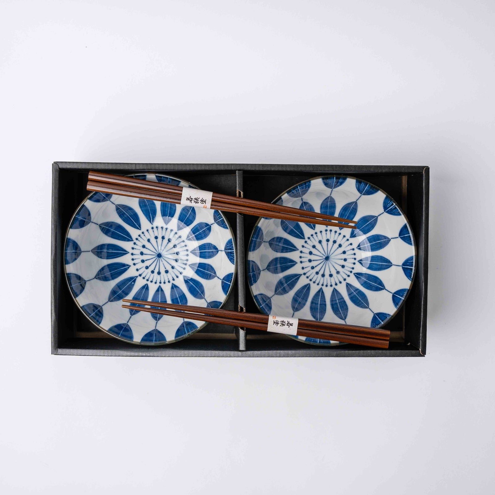 Bowl Set 2pcs with Chopsticks Indigo Sunflower Design