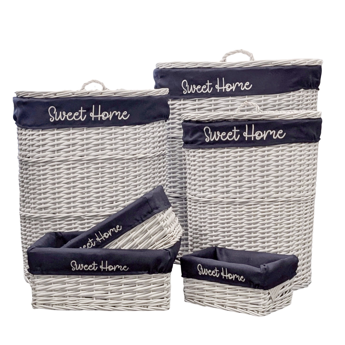 Set 6 Hampton Blue &amp; White Baskets 55x66cm