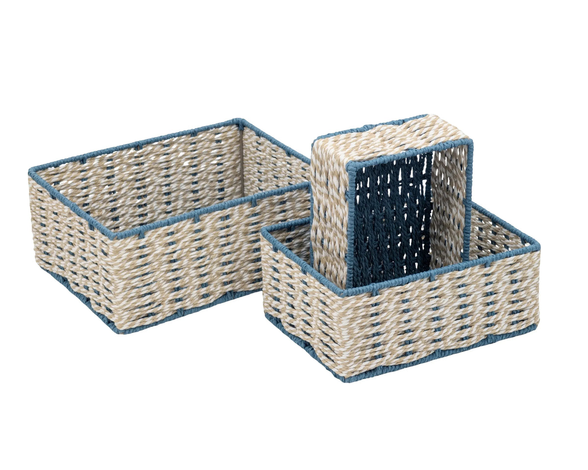 Bulk 4 Blue &amp; Natural Paper Rope Storage Basket s/3 32x25x14h