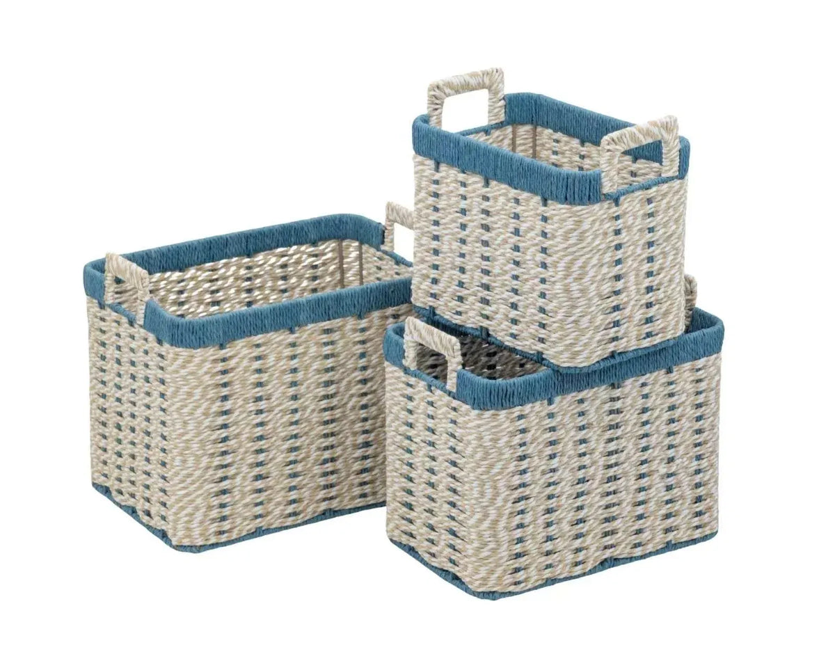 Bulk 2 Blue &amp; Natural Paper Rope Storage Basket s/3 35x25x25/31h