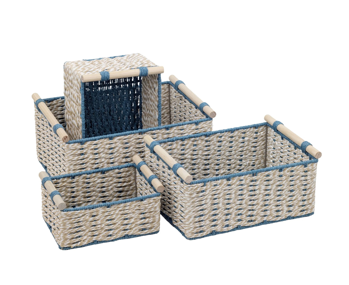 Bulk 2 Blue &amp; Natural Paper Rope Storage Basket s/4 40x29x18h