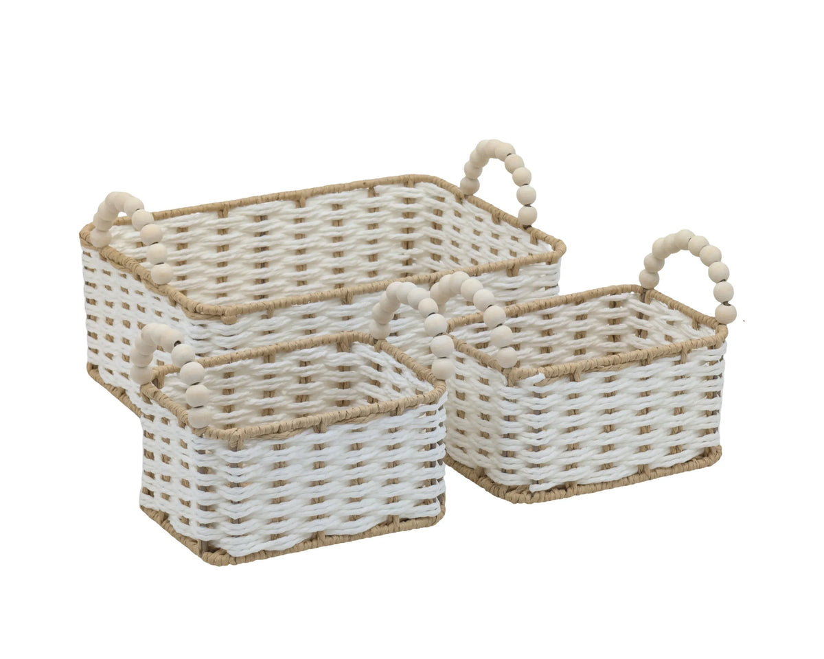 Bulk 4 Natural &amp; White Paper Rope Basket W Bead Handle 32x23x12/18h