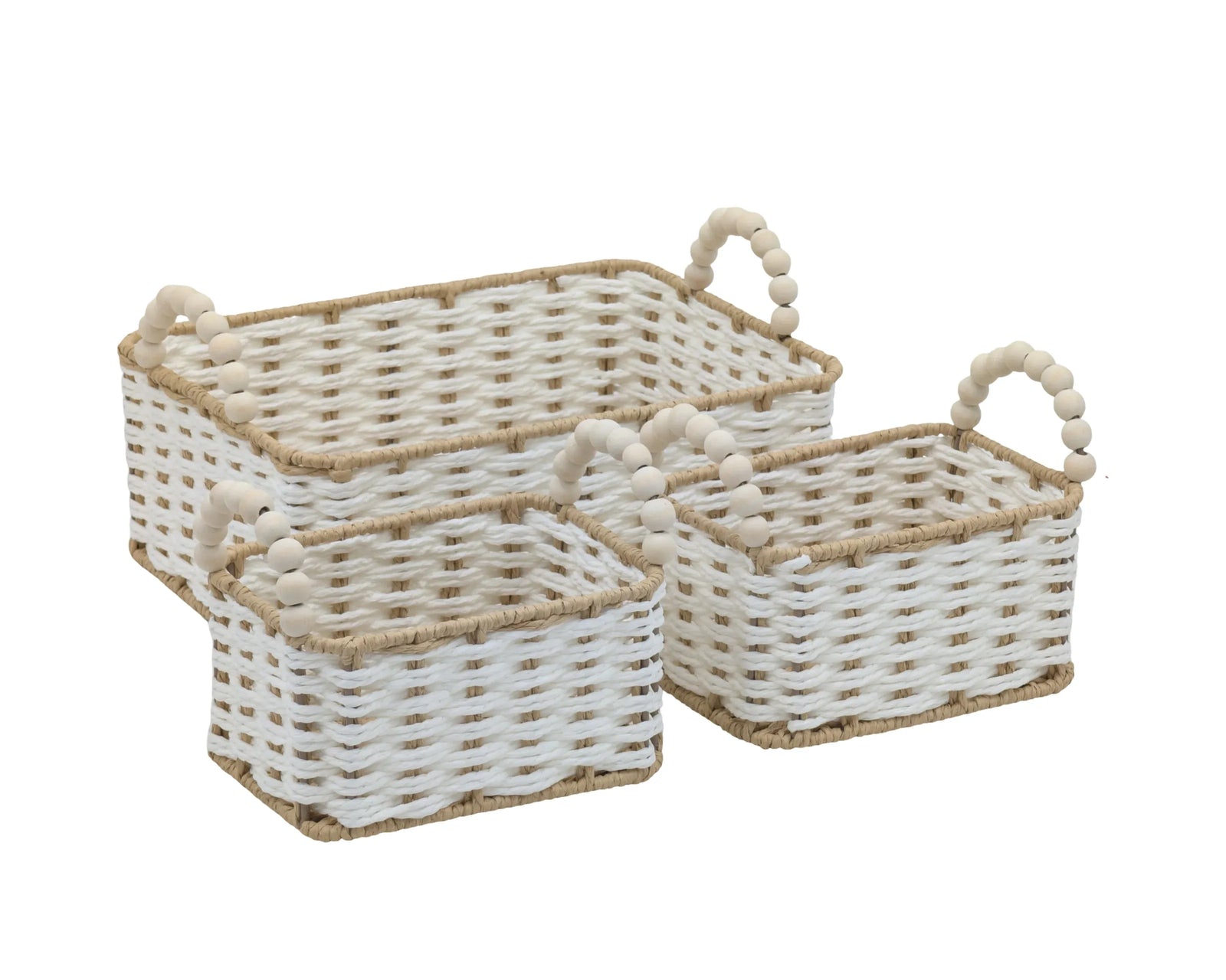 Bulk 4 Natural & White Paper Rope Basket W Bead Handle 32x23x12/18h