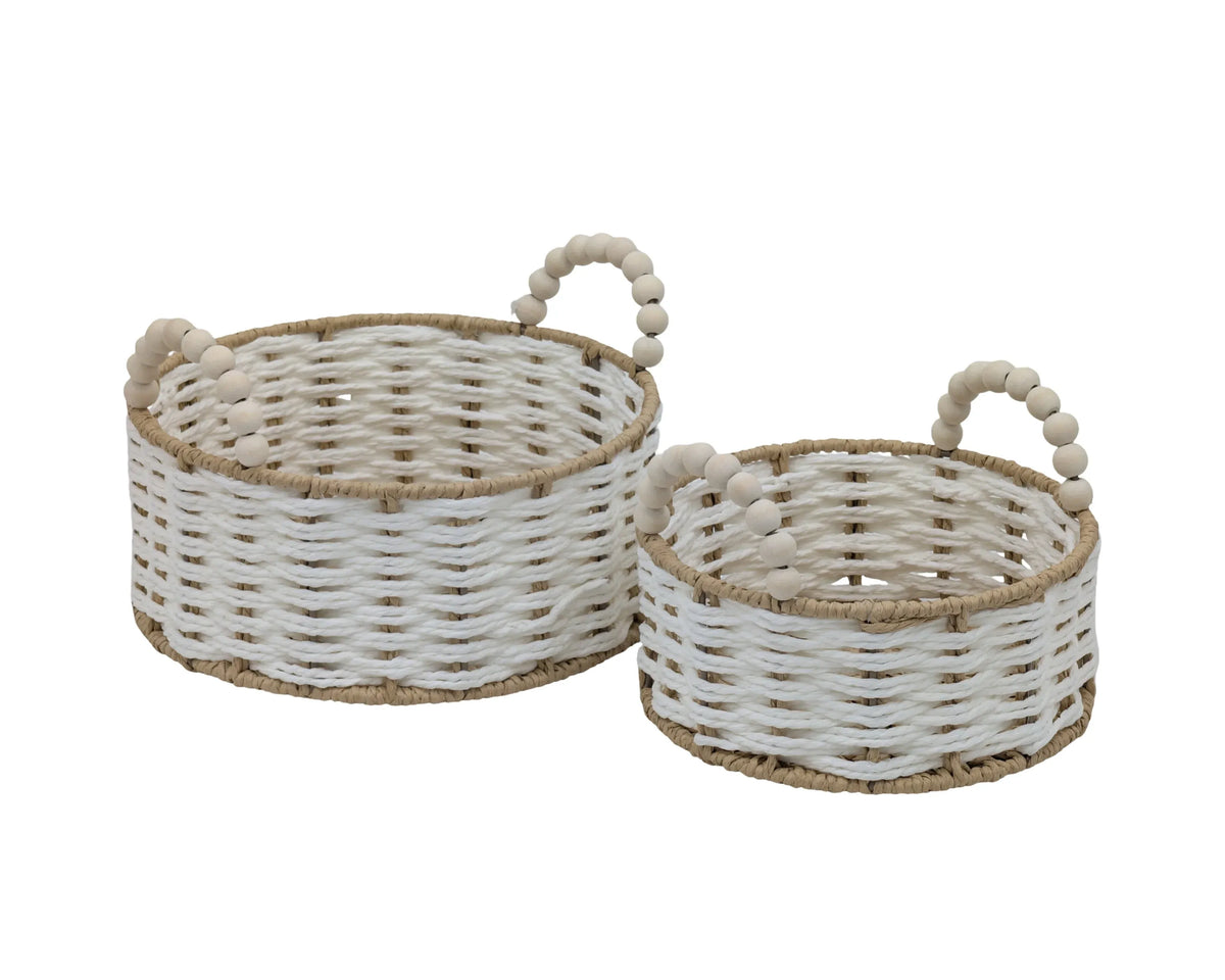 Bulk 6 Natural &amp; White Paper Rope Basket W Bead Handle d25xh11/17cm