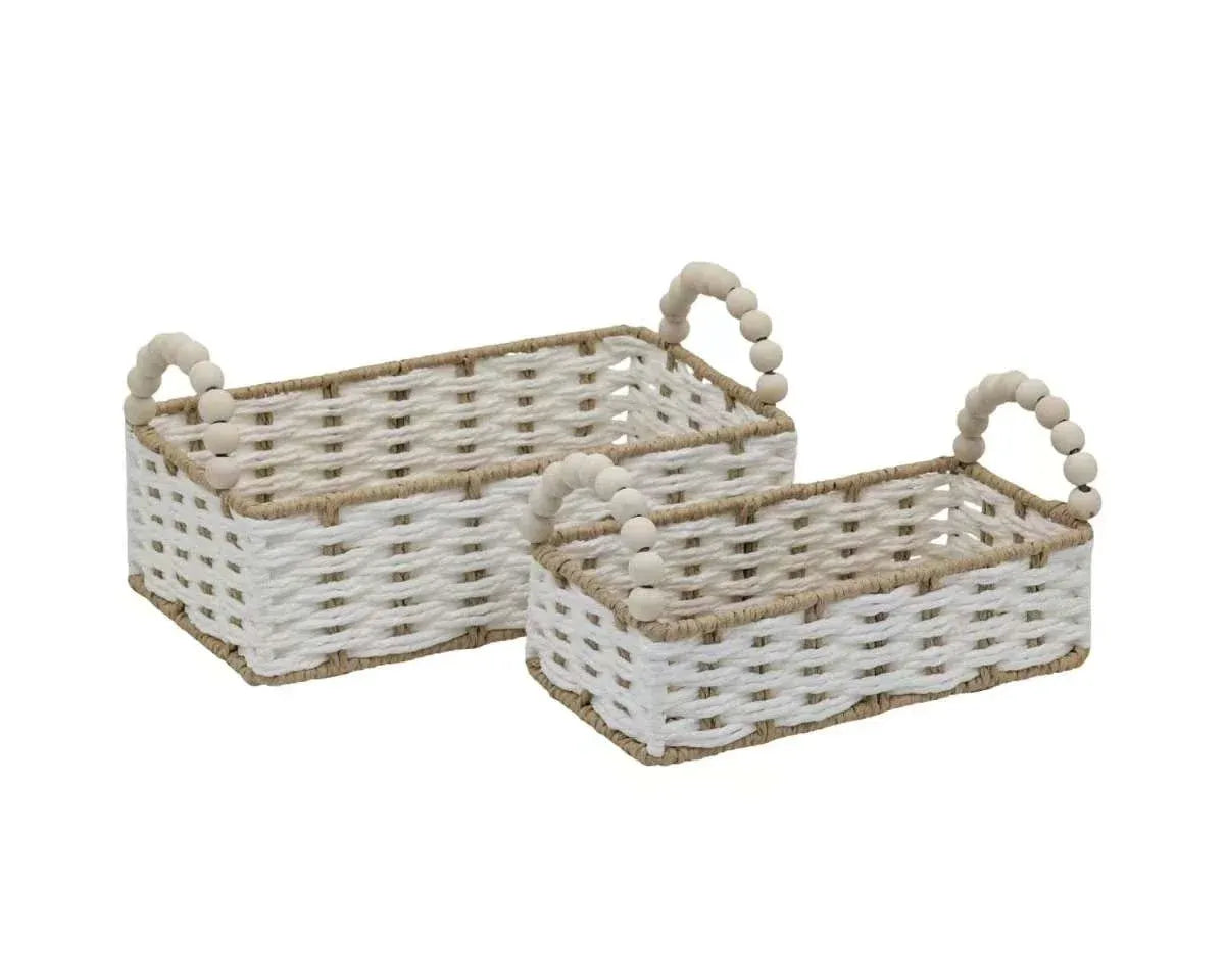 Bulk 6 Natural &amp; White Paper Rope Basket W Bead Handle 29x16x9/15h