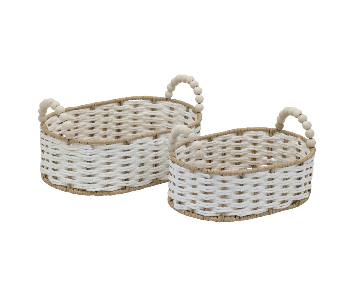 Bulk 6 Natural &amp; White Paper Rope Basket W Bead Handle 30x20x10/16h