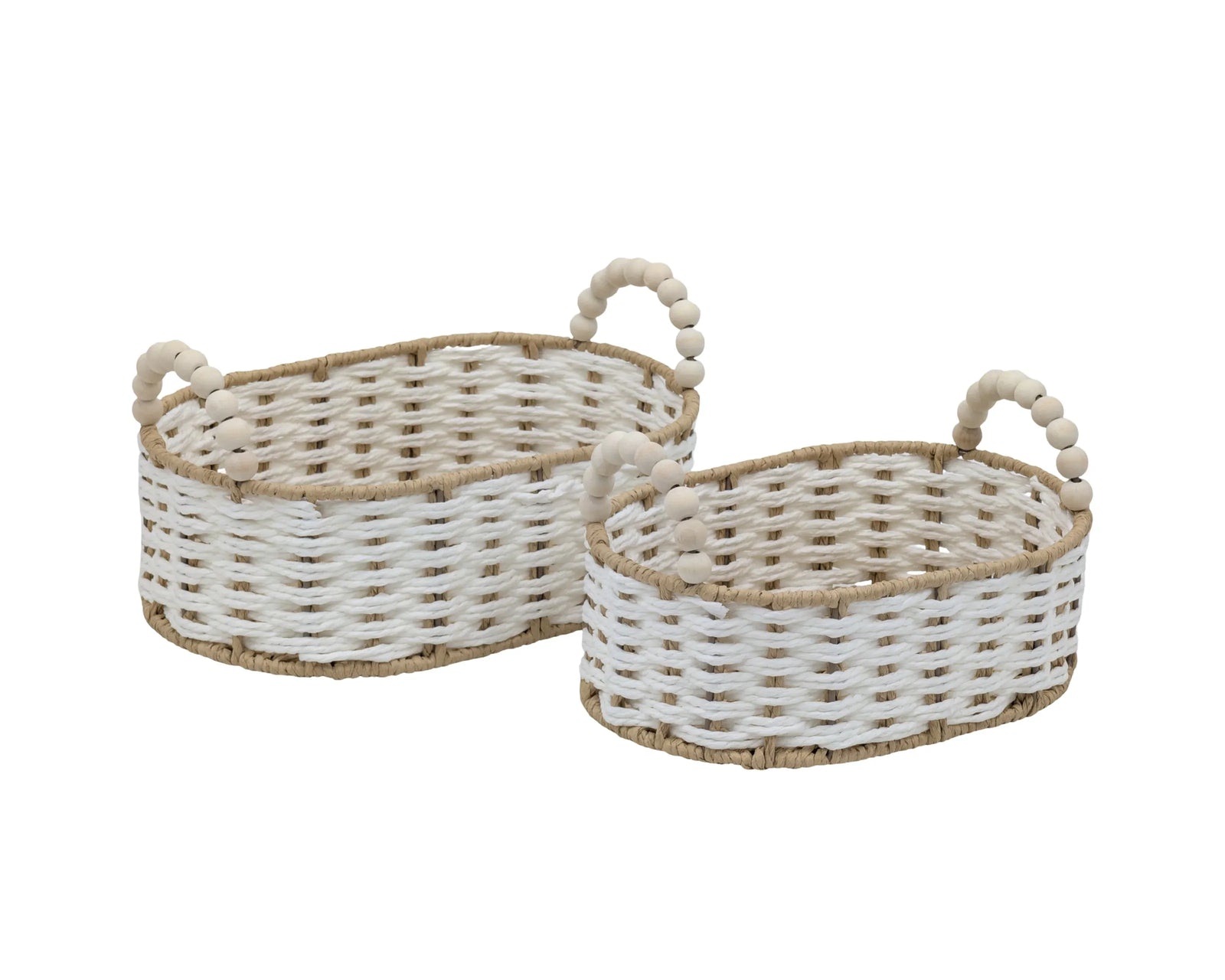 Bulk 6 Natural & White Paper Rope Basket W Bead Handle 30x20x10/16h