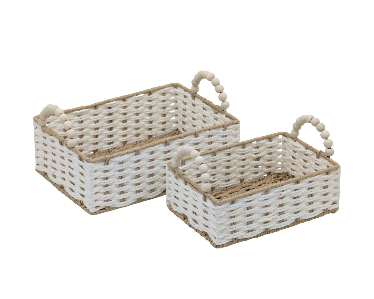 Bulk 6 Natural &amp; White Paper Rope Basket W Bead Handle 31x21x11/17h