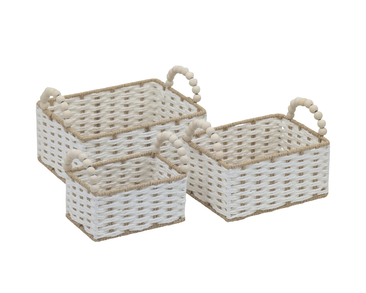 Bulk 6 Natural &amp; White Paper Rope Basket W Bead Handle 26x20x12/18h