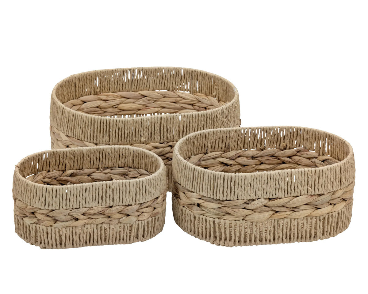 Bulk 4 Natural Water Hyacinth &amp; Paper Rope Basket Oval s/3 34x25x15