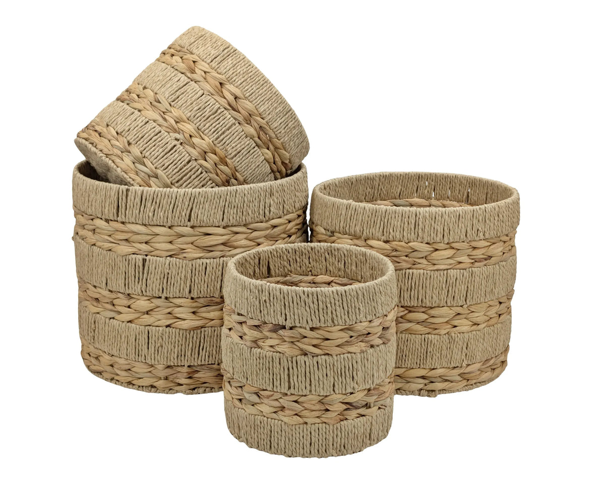 Bulk 2 Natural Water Hyacinth &amp; Paper Rope Basket Round s/4 37x37x3
