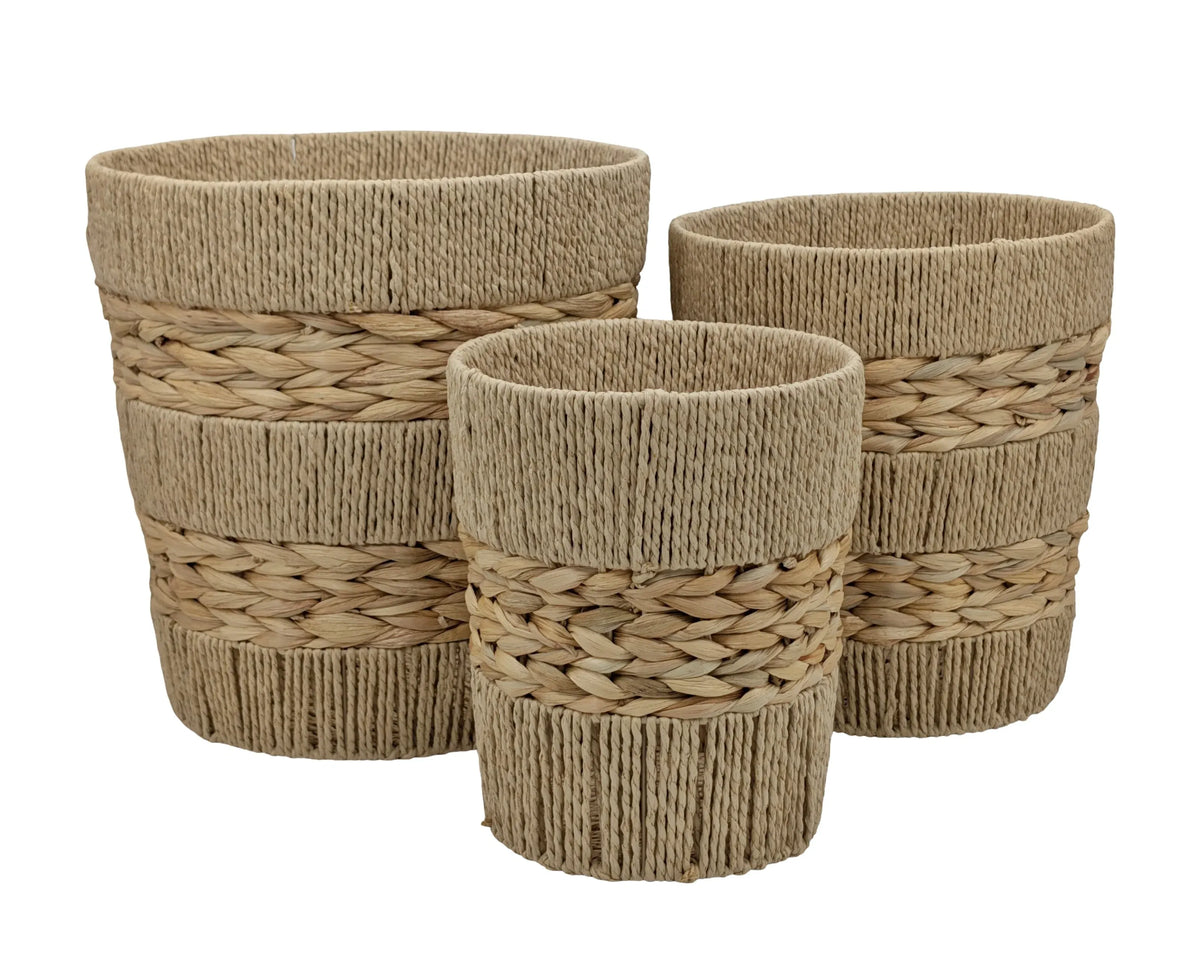 Bulk 2 Natural Water Hyacinth &amp; Paper Rope Basket Round s/3 39x31x4
