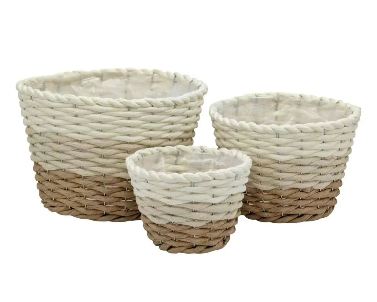 Bulk 6 Natural &amp; White Paper Rope Basket 25x17cm