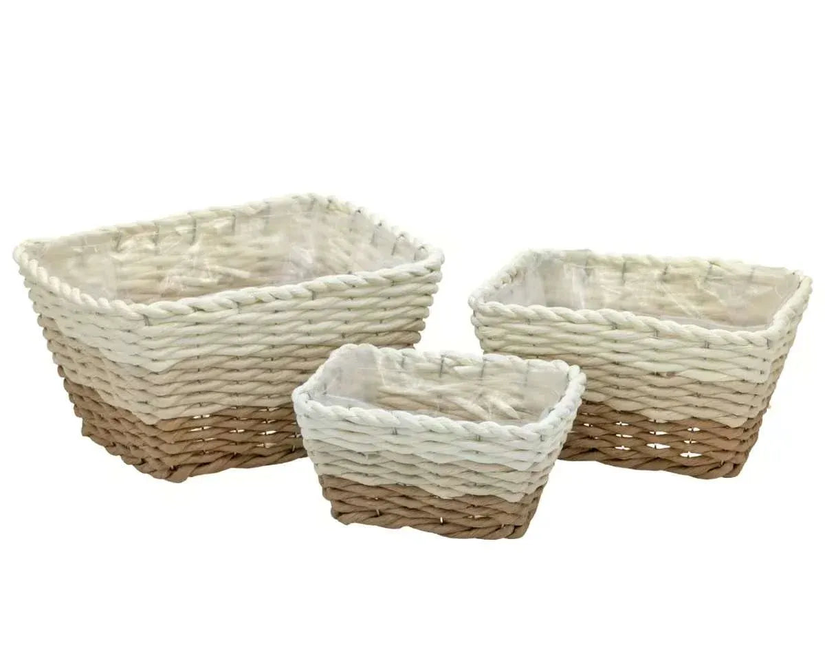Bulk 6 Natural &amp; White Paper Rope Basket 30x24x17cm