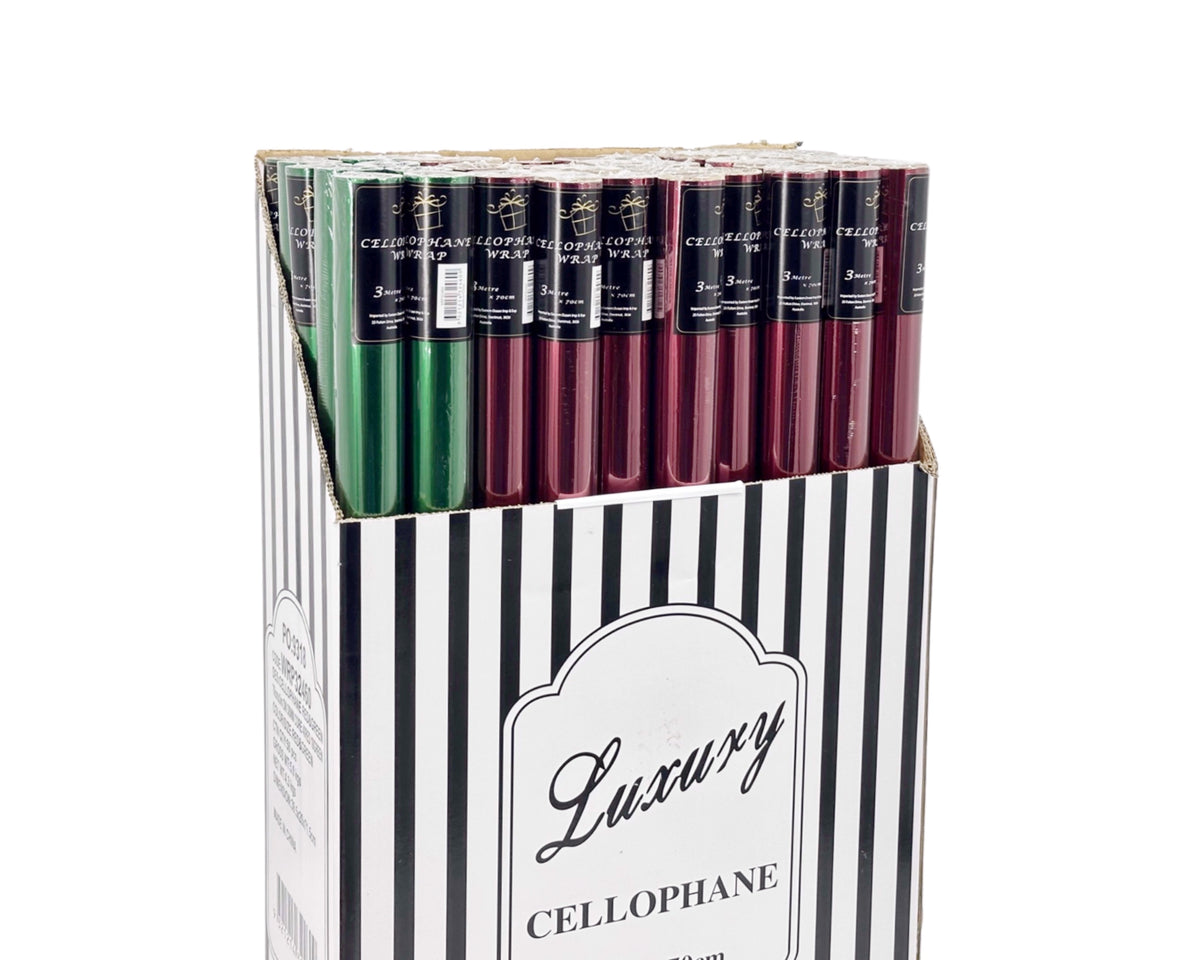 bulk 50 Cellophane Red &amp; Green 70cmx3m on 38mm Core 40 Red 10 Green