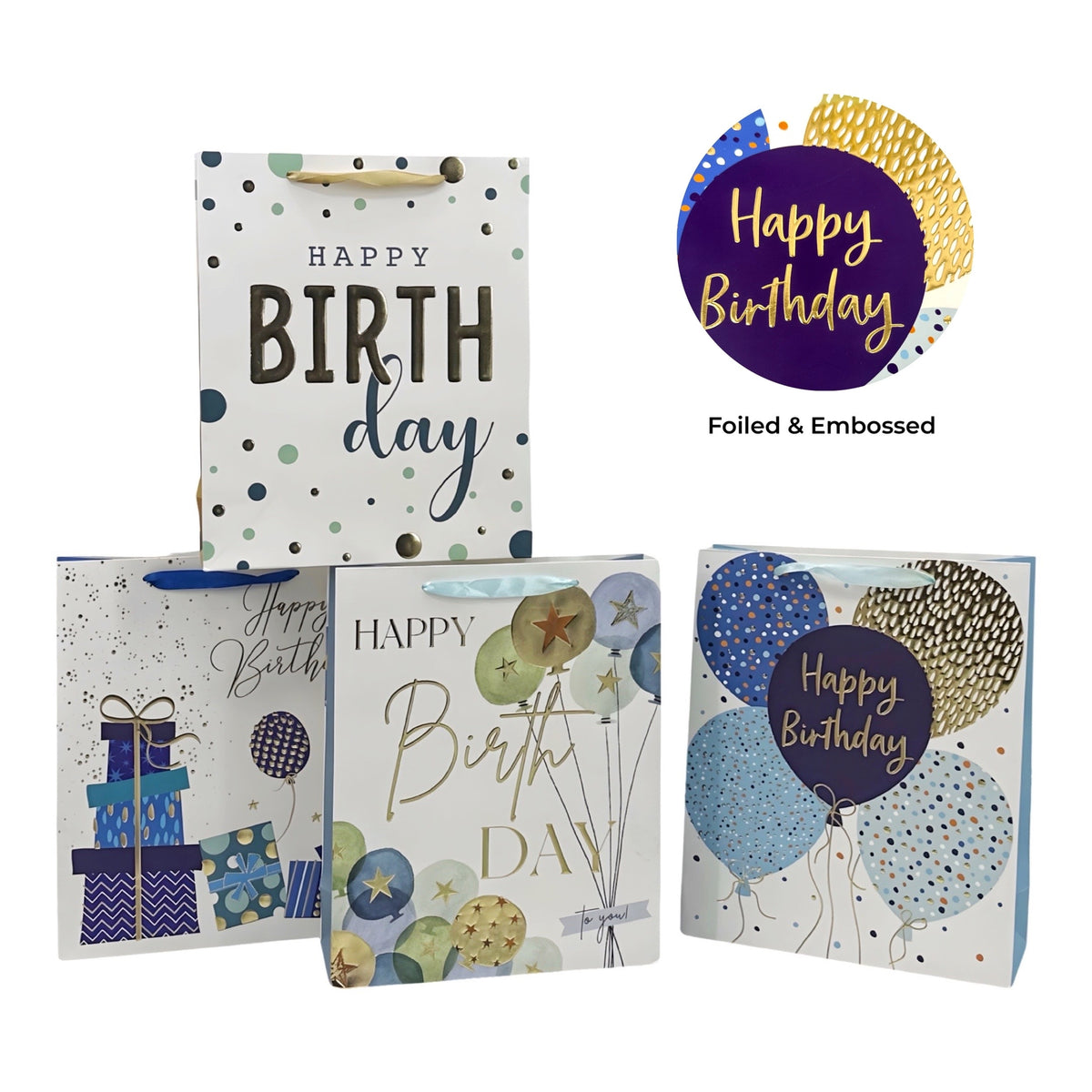 Bulk 24 Medium Foil &amp; Embossed Birthday Gift Bag 4 Assort 17x23cm