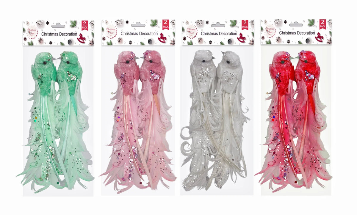 Bulk 24 Xmas Feather &amp; Sequins Bird W Clip pk2 17x3.5x4cm 4 Asst