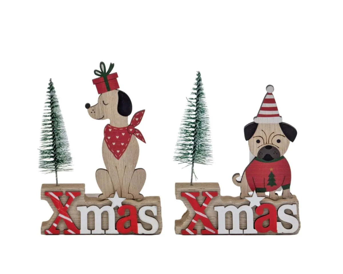 Bulk 24 Xmas Mdf Dog &amp; Tree Deco 9x13cm 2 Asst