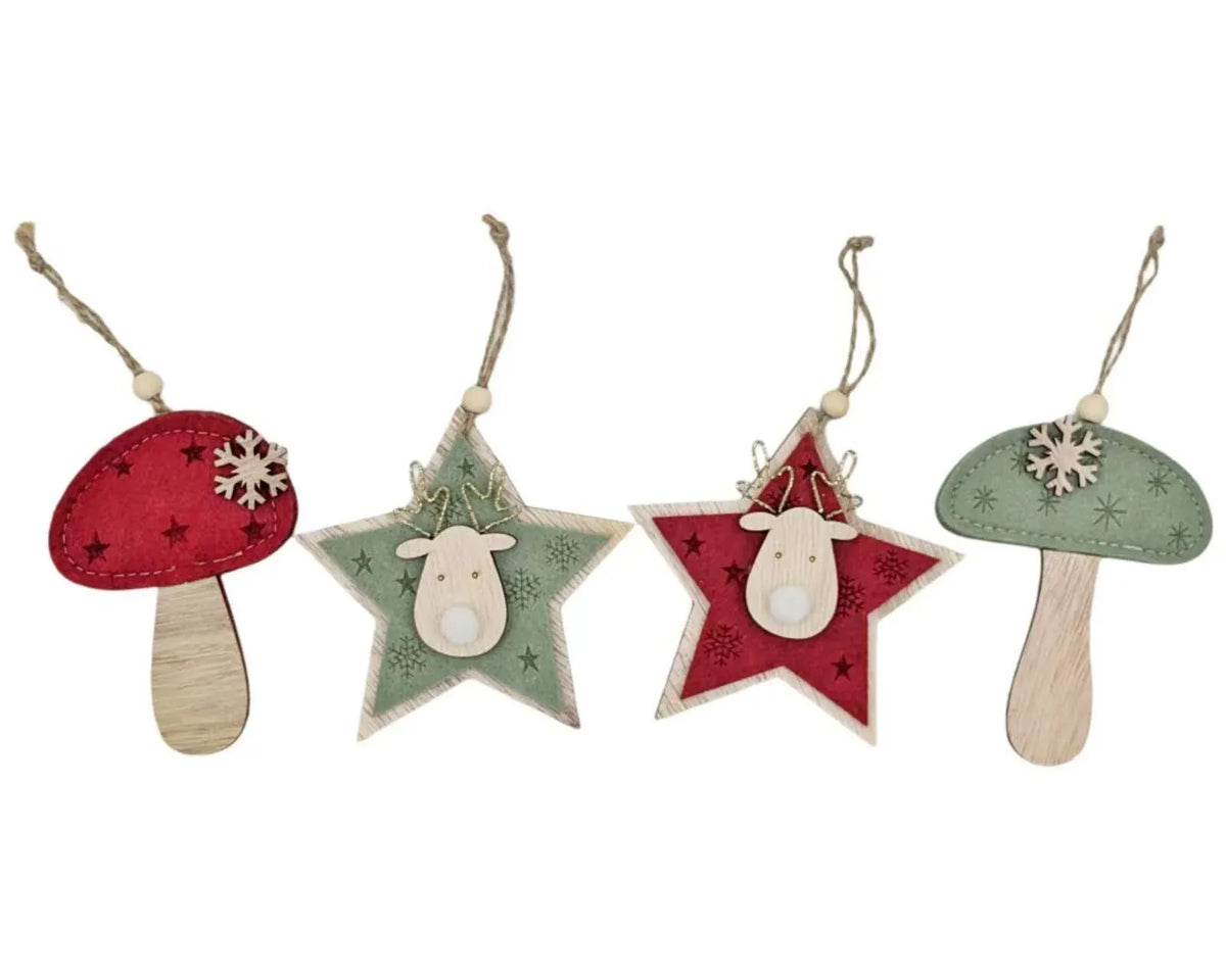 Bulk 24 Xmas Felt Star &amp; Mushroom Hanger 11cm 4 Asst