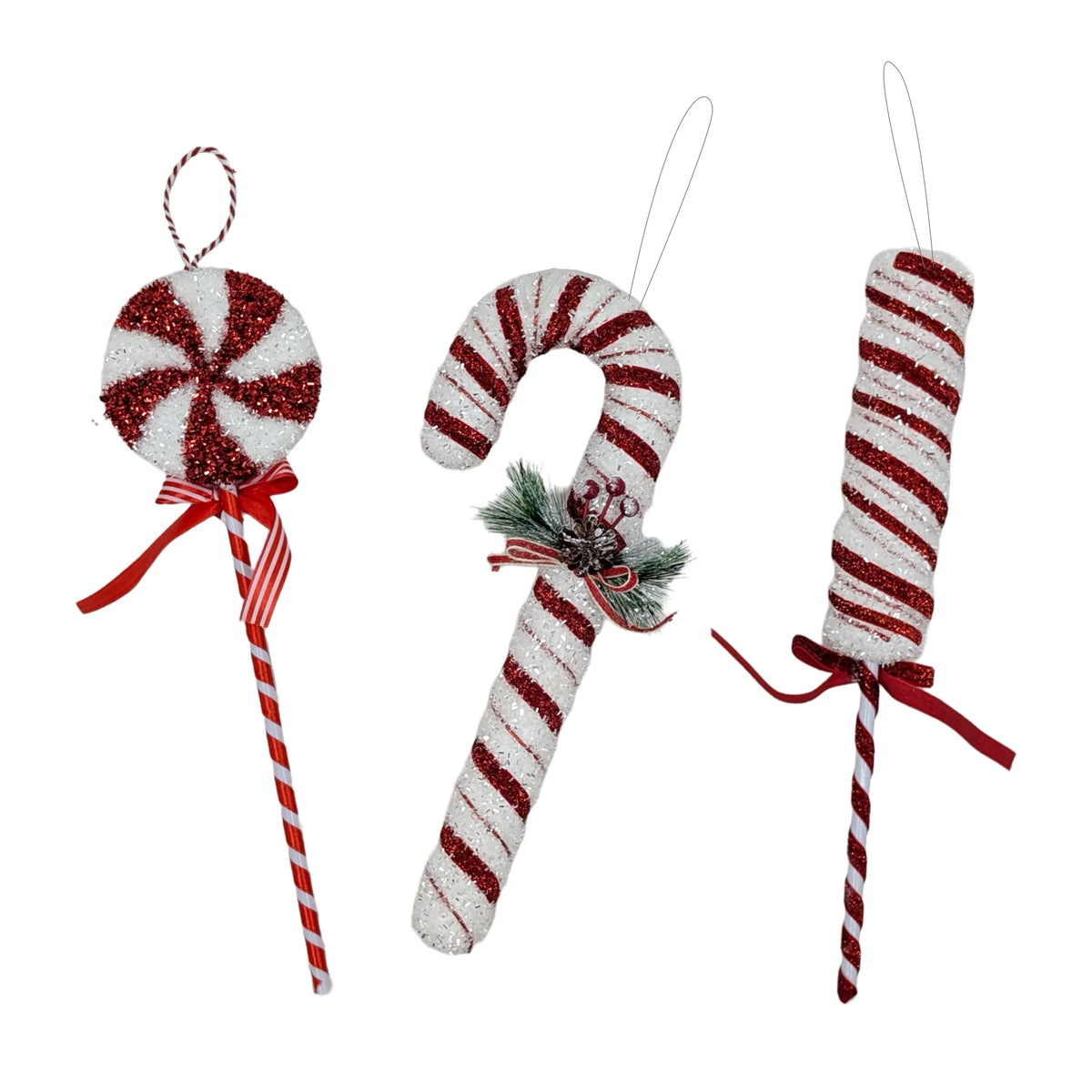 Bulk 24 Xmas R&amp;w Glitter Lollipop Candycane Hanging 34-38cm 2 Asst