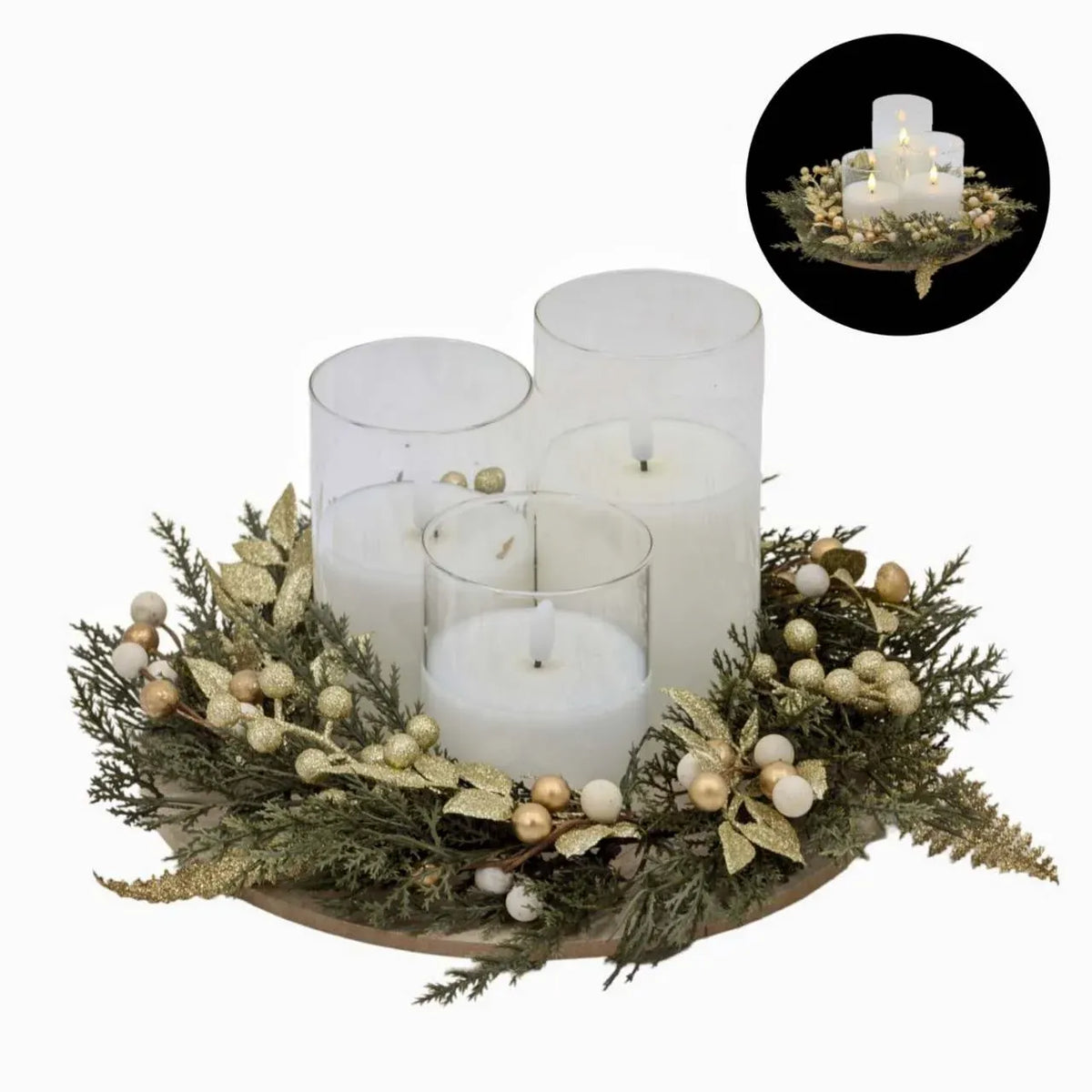 Bulk 4 Xmas Led Candle Set Green&amp;gold Wreath On Tray 26x26x15cm