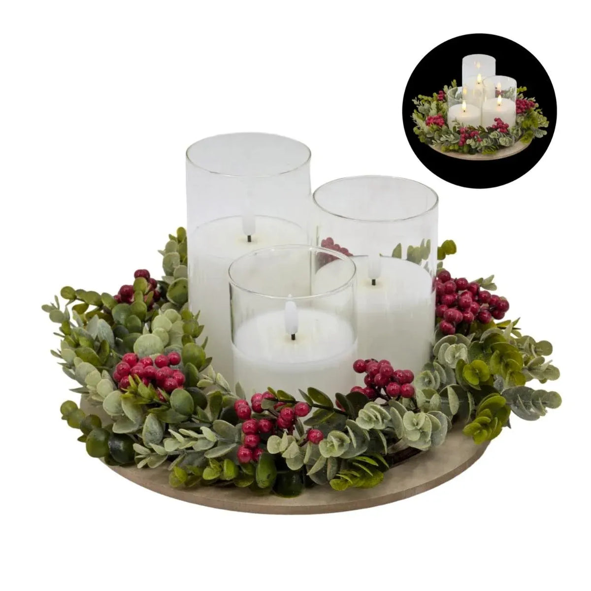 Bulk 4 Xmas Led Candle Set Green&amp;red Wreath On Tray 26x26x15cm