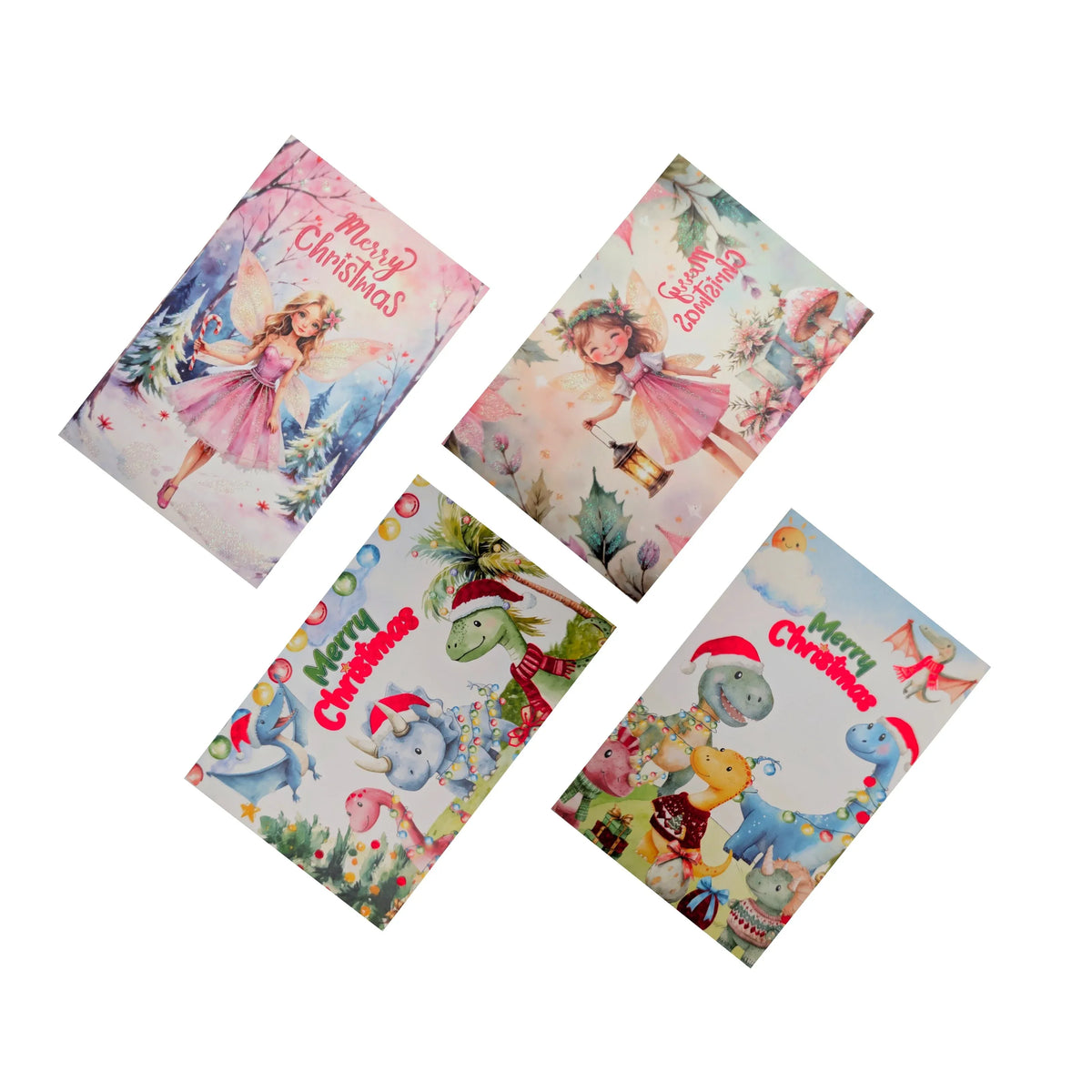 Bulk 48 Fairy &amp; Dinosaur Xmas Cards Glitter pk8 11.5x17.5cm Asst