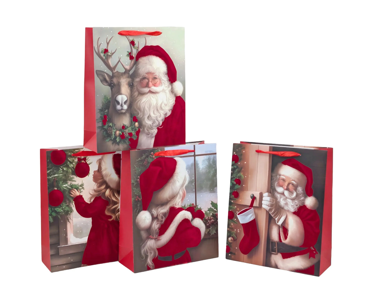 Bulk 48 Flocked Velvet Santa Gift Bag Sml 14.2x11.3x6.5cm 4 Asst