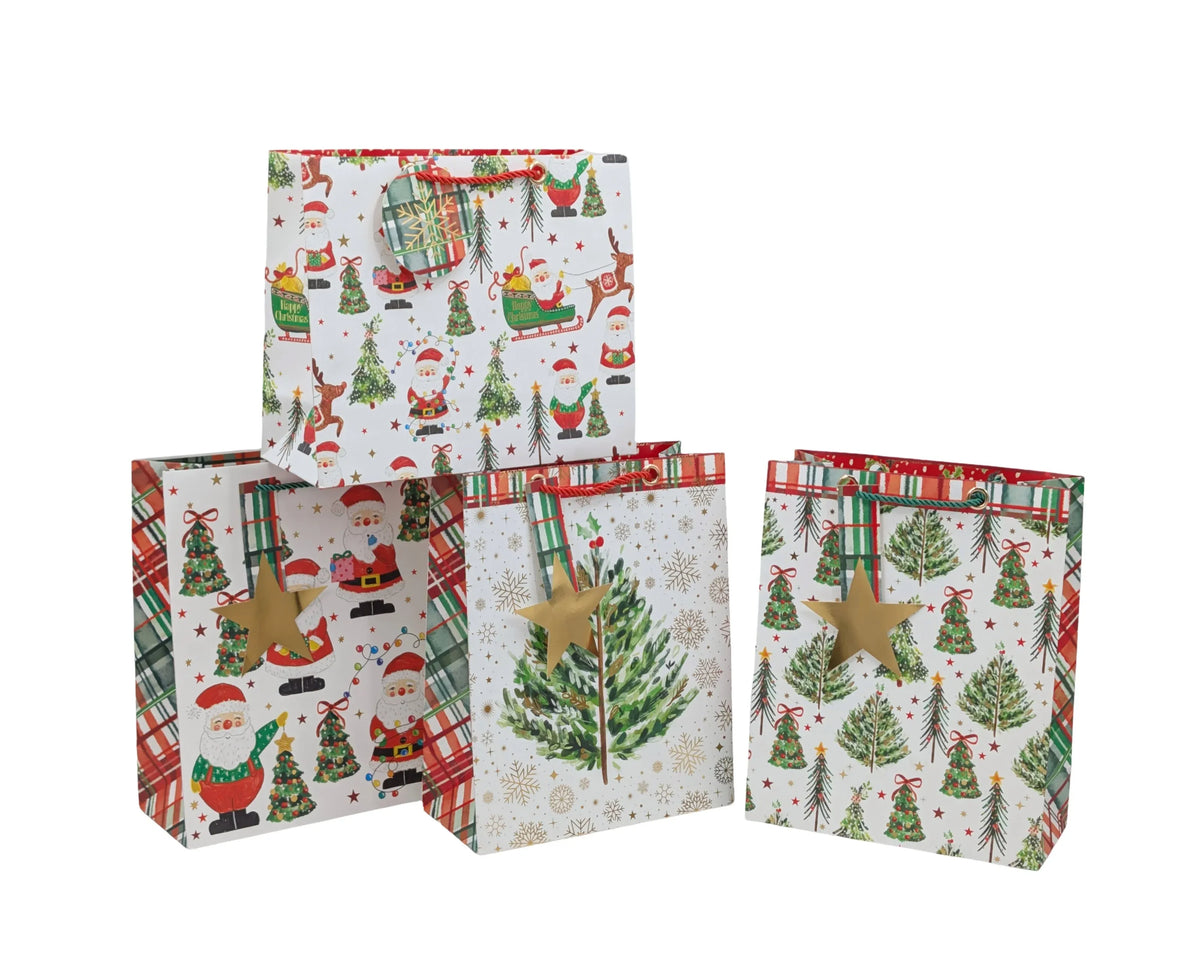 Bulk 48 Xmas Tree &amp; Santa Gift Bag Foiled Sml 14.2x11.3x6.5cm 4 Asst