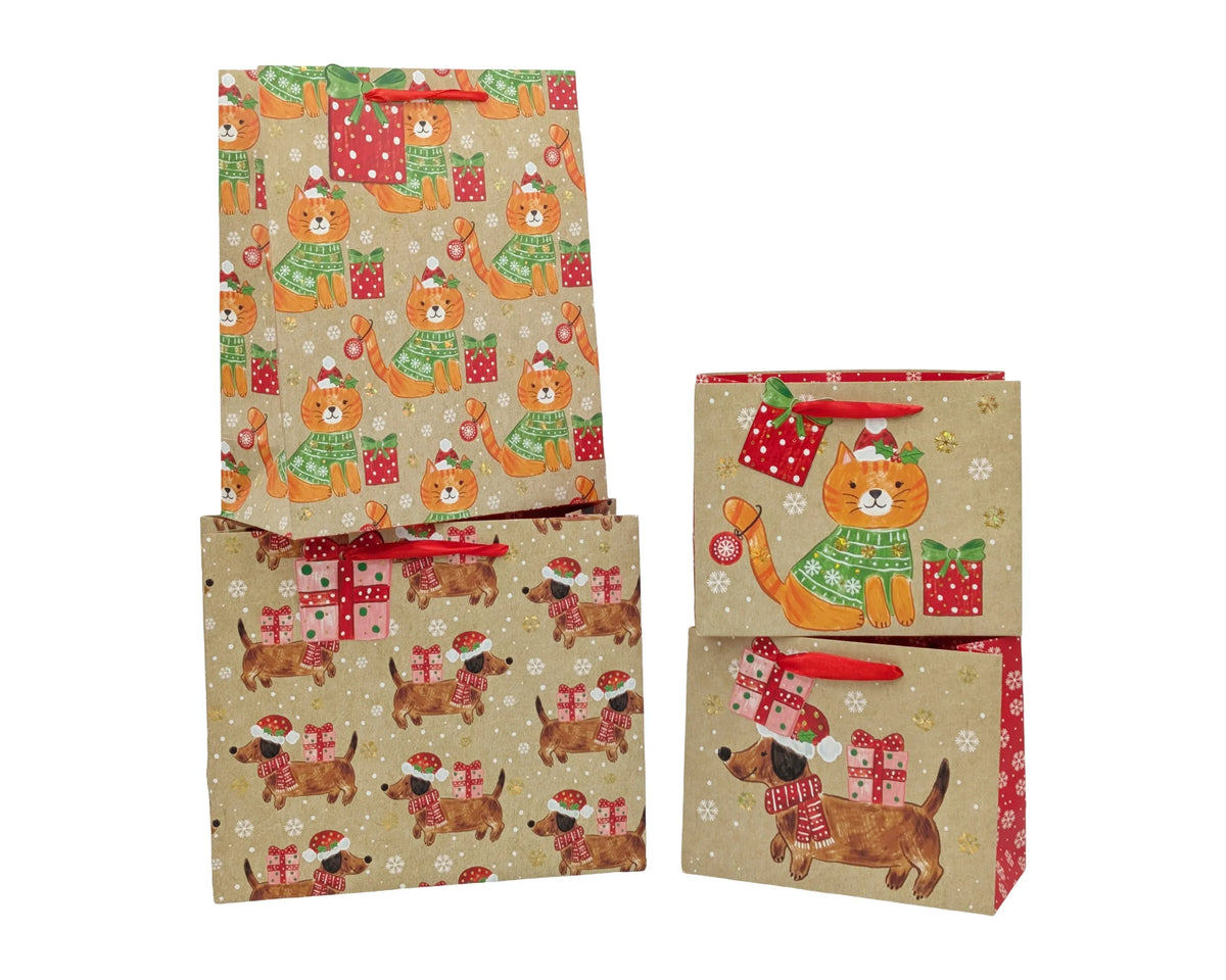 Bulk 48 Kraft Festive Pets Xmas Bag Foiled Lrg 32x26x12cm 4 Asst