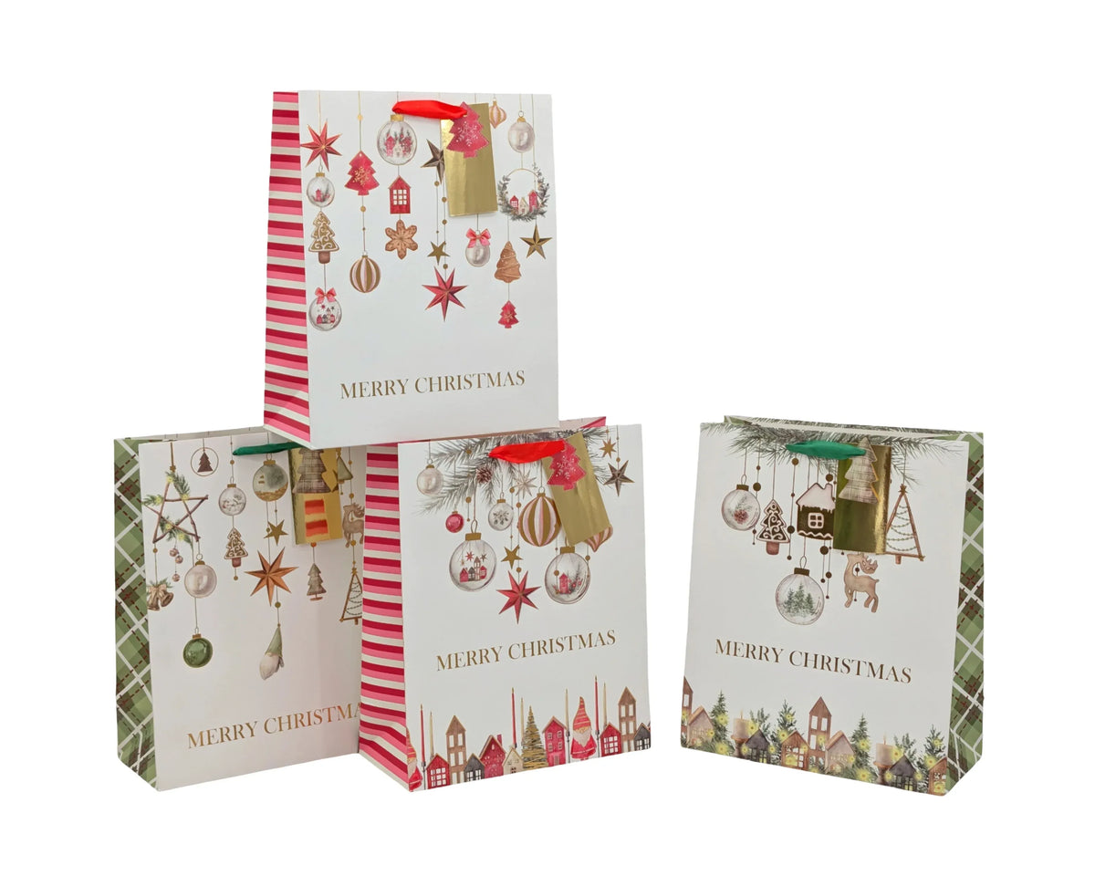 Bulk 48 Rich Foiled Traditional Xmas Bag Med 23x18x10cm 4 Asst