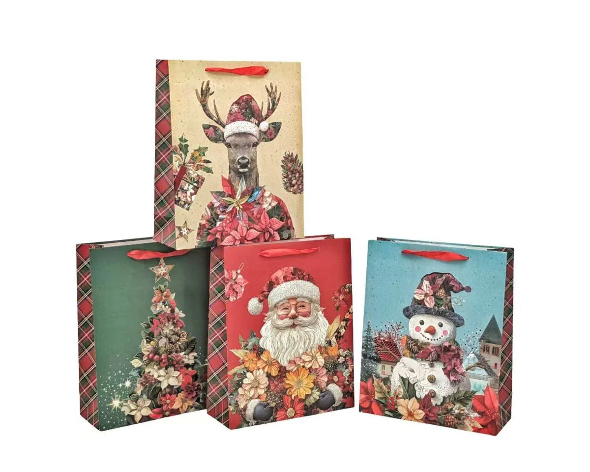 Bulk 48 Floral Vintage Xmas Bag Foiled Med 23x18x10cm 4 Asst