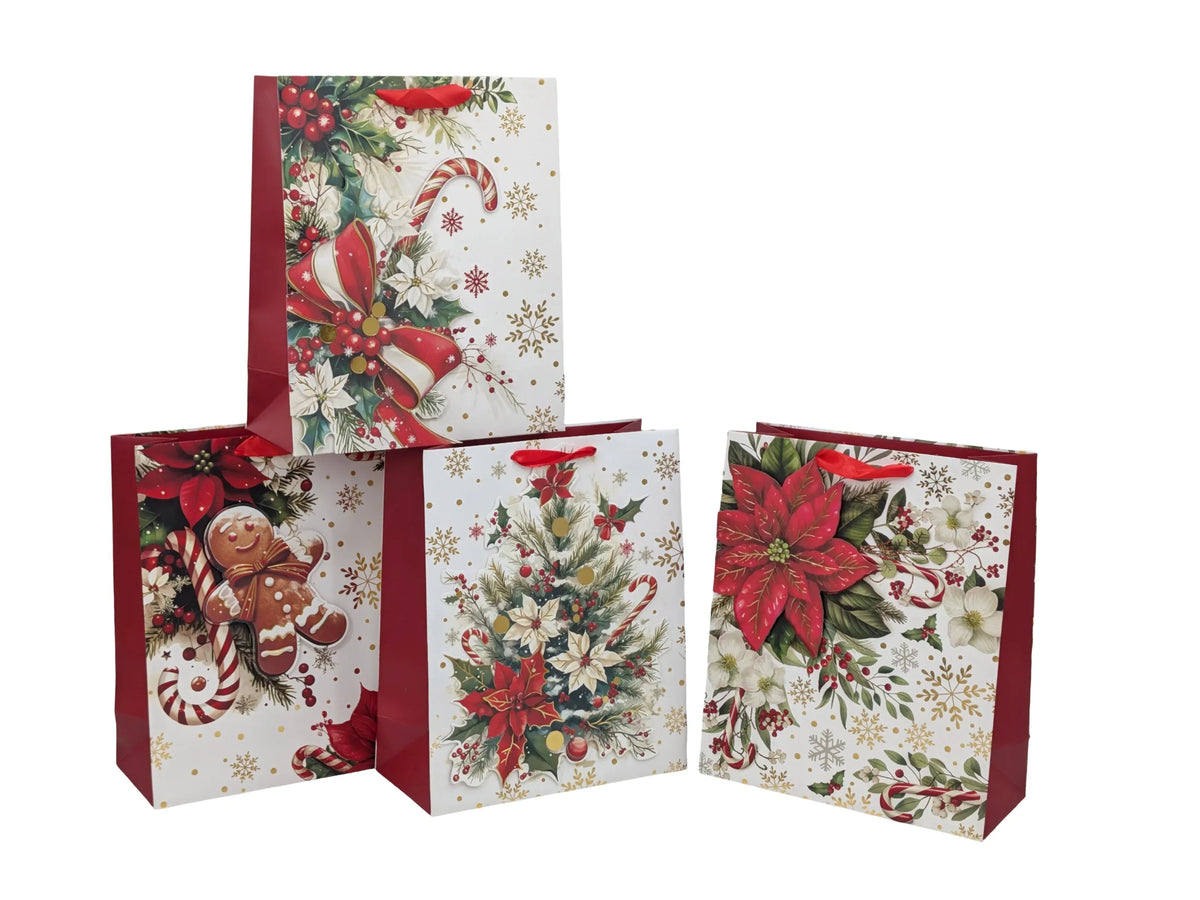 Bulk 48 3d Foiled Traditional Xmas Bag Lrg 32x26x12cm 4 Asst