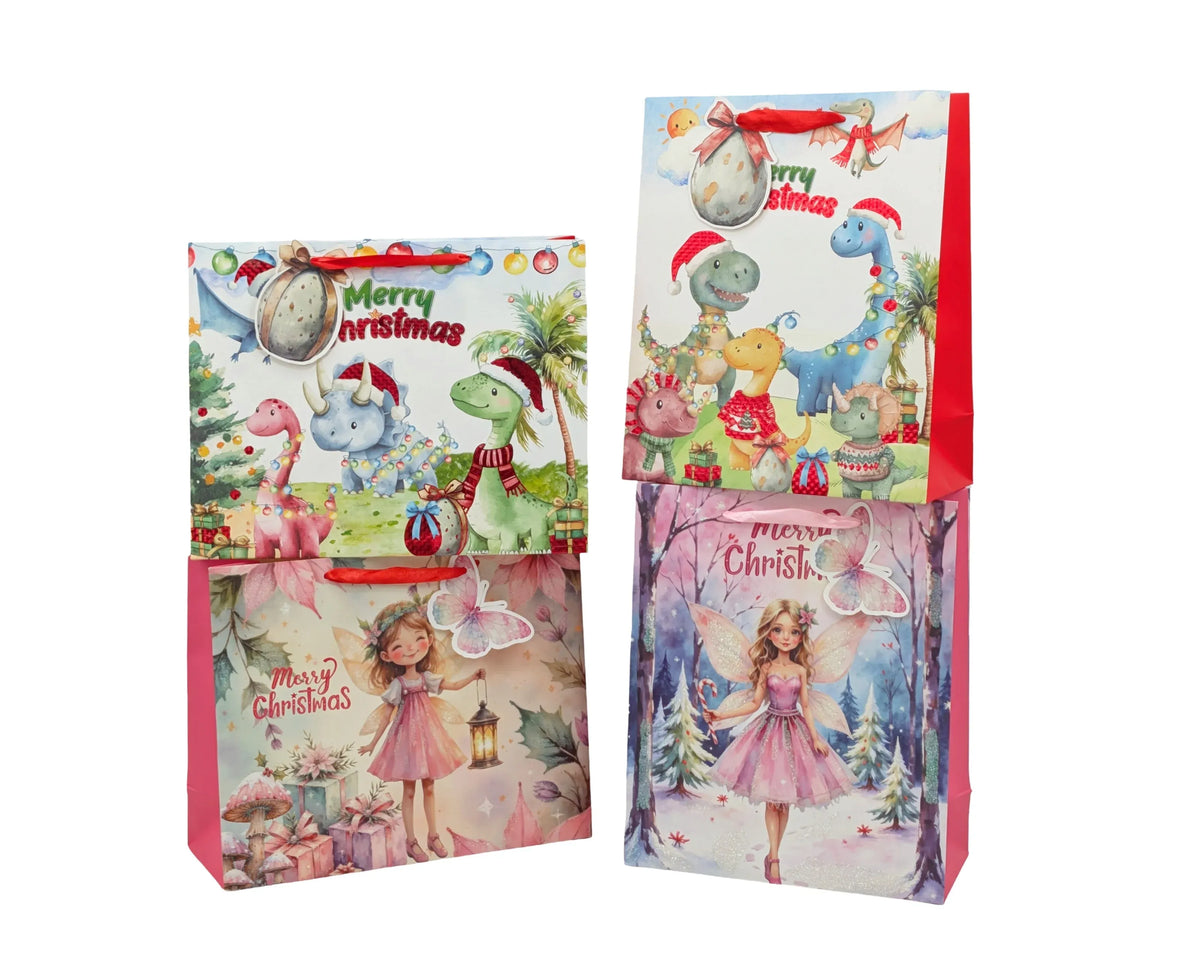 Bulk 48 Fairy &amp; Dinosaur Xmas Bag Glitter Lrg 32x26x12cm 4 Asst
