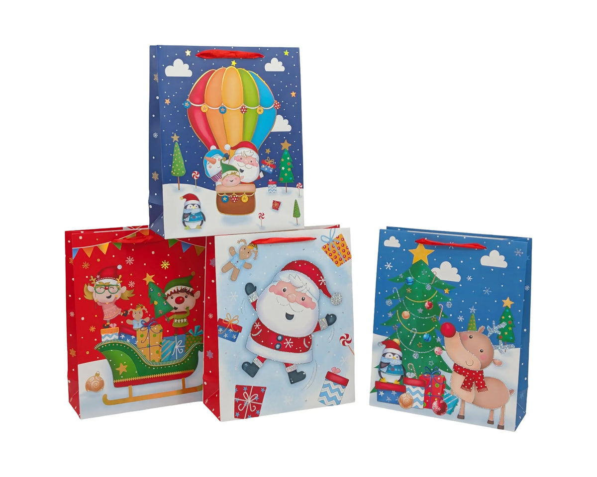 Bulk 48 Happy Fun Xmas Bag Foiled Med 23x18x10cm 4 Asst