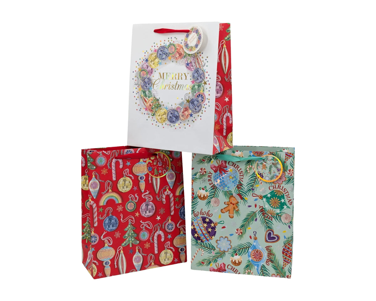 Bulk 48 Bauble &amp; Bright Xmas Bag Foiled Xlrg 42x31x12cm 4 Asst