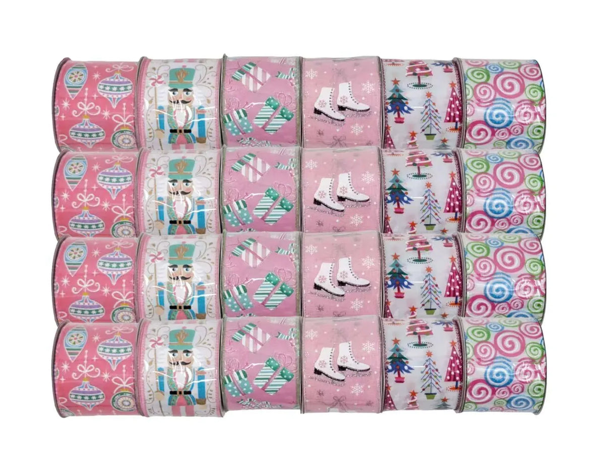 Bulk 24 Xmas Pink &amp; Pastel Ribbon 6.3cmx3m 6 Asst