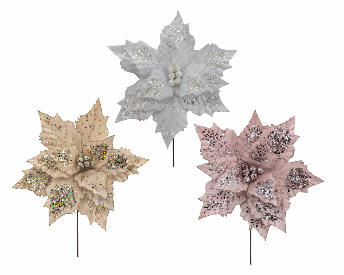 Bulk 24 Xmas Velvet Glitter Poinsettia 30x30cm 3 Asst